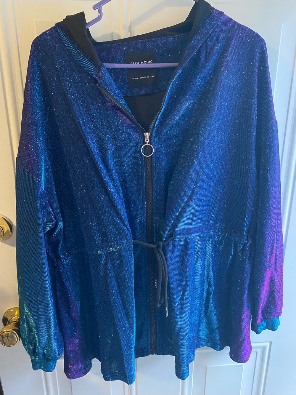 BloomChic Iridescent Blue Purple Hooded Zip Bomber Jacket - Picture 2 of 4